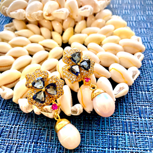 Sabyavi Earrings Gold Blue Quartz and Pearl drop Floral Fashion Earrings