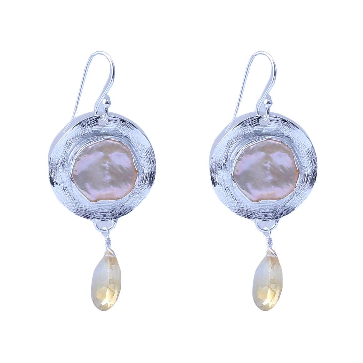Sabyavi Earrings Rose Gold Baroque Pearl and Golden Topaz Textured Earrings Sterling Silver