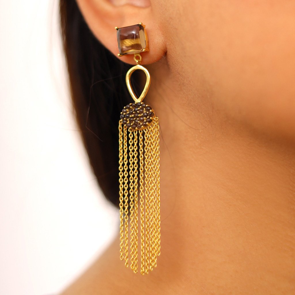 Sabyavi Earrings Smoky Quartz Drape Chain Earrings