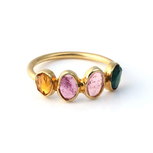 Sabyavi Ring Gold Pink, Yellow and Green Tourmaline Bezel Set Ring Sterling Silver