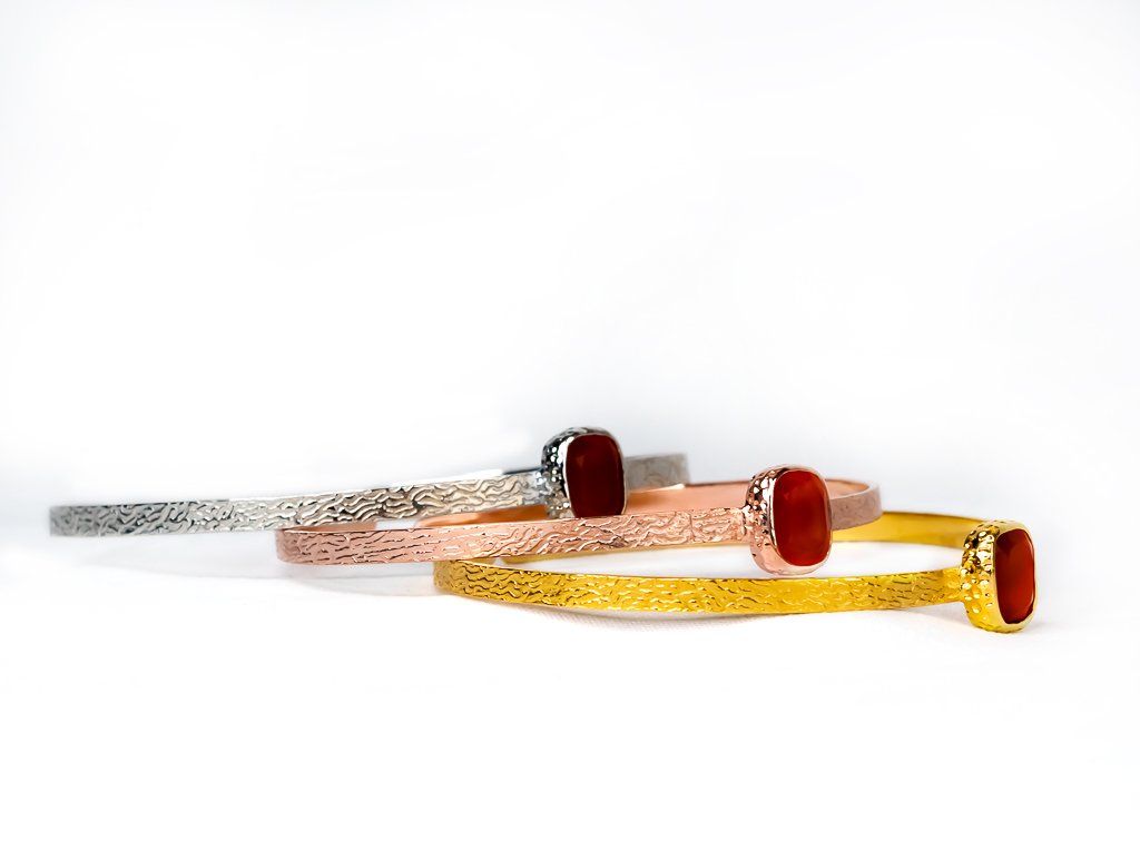 Sabyavi Bracelet Carnelian Open Ended Textured Bangle Sterling Silver