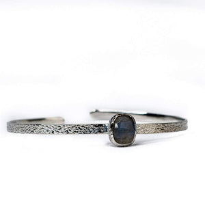 Sabyavi Bracelet Silver Labradorite Open Ended Textured Bangle Sterling Silver