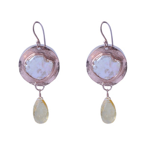 Sabyavi Earrings Rose Gold Baroque Pearl and Golden Topaz Textured Earrings Sterling Silver