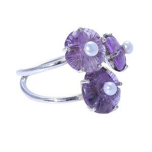 Sabyavi Ring Carved Amethyst and Pearl Prong Set Ring Sterling Silver