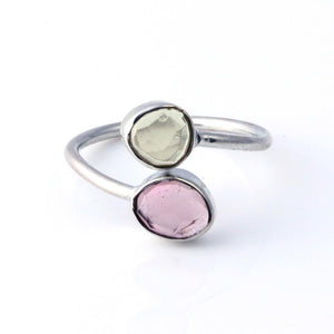 Sabyavi Ring Pink and Green Tourmaline Bezel Set Ring Sterling Silver