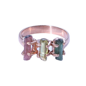Sabyavi Ring Silver Rough Three Baguette Pink & Green Tourmaline Ring Sterling Silver