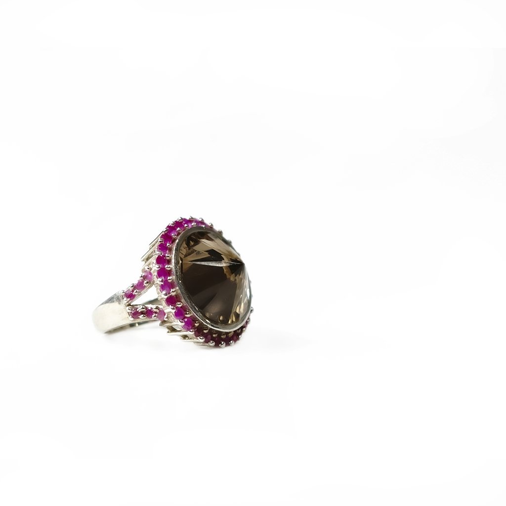 Sabyavi Ring Smoky Quartz & Pink Tourmaline Ring Sterling Silver